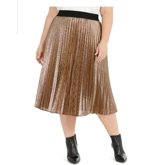 1070 NEW 3X Alfani PLUS SIZE Pleated Gold Metallic Midi Skirt - Picture 1 of 5